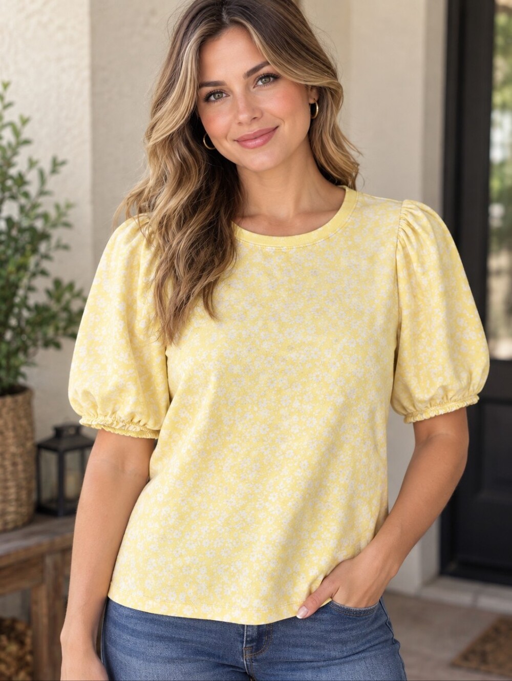Women's LC Lauren Conrad Yellow Floral Short Puff Sleeve Tee XS Crewneck